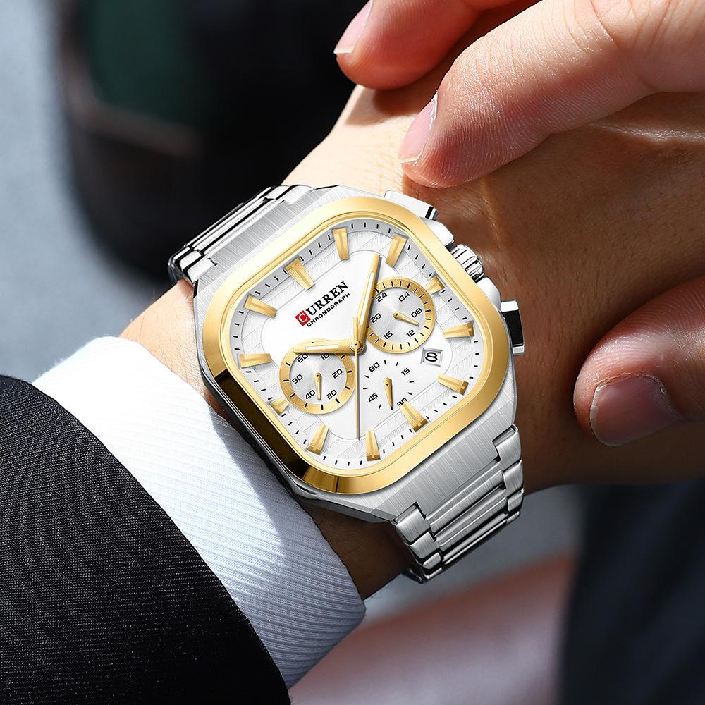Mens Square Chronograph Watches Stainless Steel Wrist Watch with Date Luminous Hands Waterproof