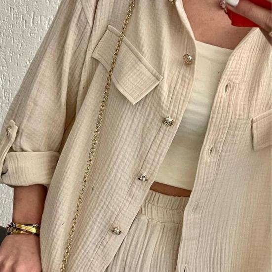 Summer 2 Piece Outfit for Women Oversized Button Down Long Sleeve Shirt And Cropped Pants Set Casual Loungewear Tracksuit