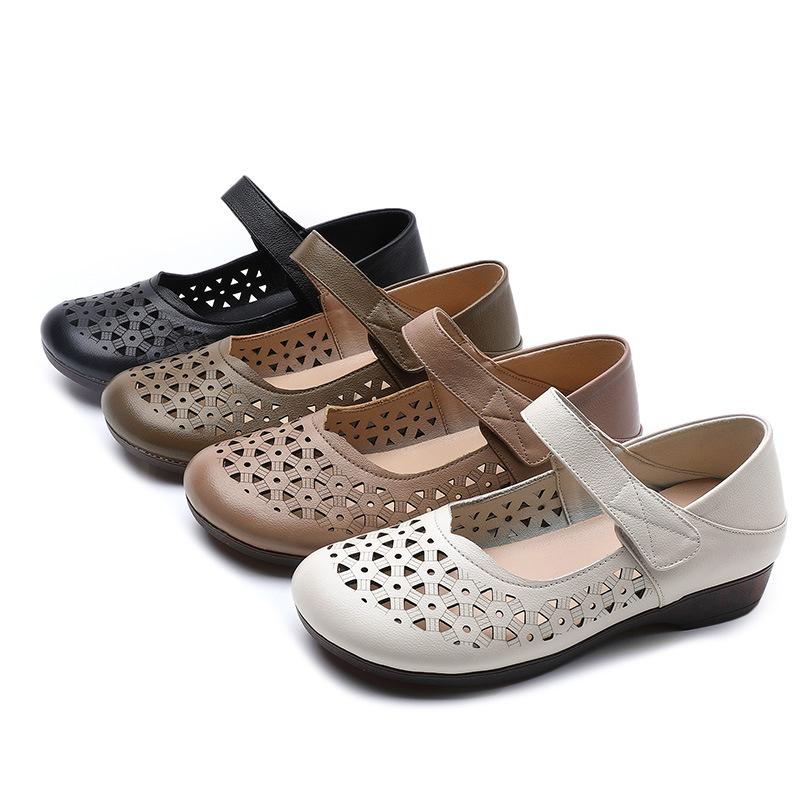 Mode GKTINOO Echtes Leder Damen Ballerinas Sommerschuhe Frau Übergröße Lässige Slipper Lochmuster Runde Zehenpartie Weiche Bequeme Sandalen Damen