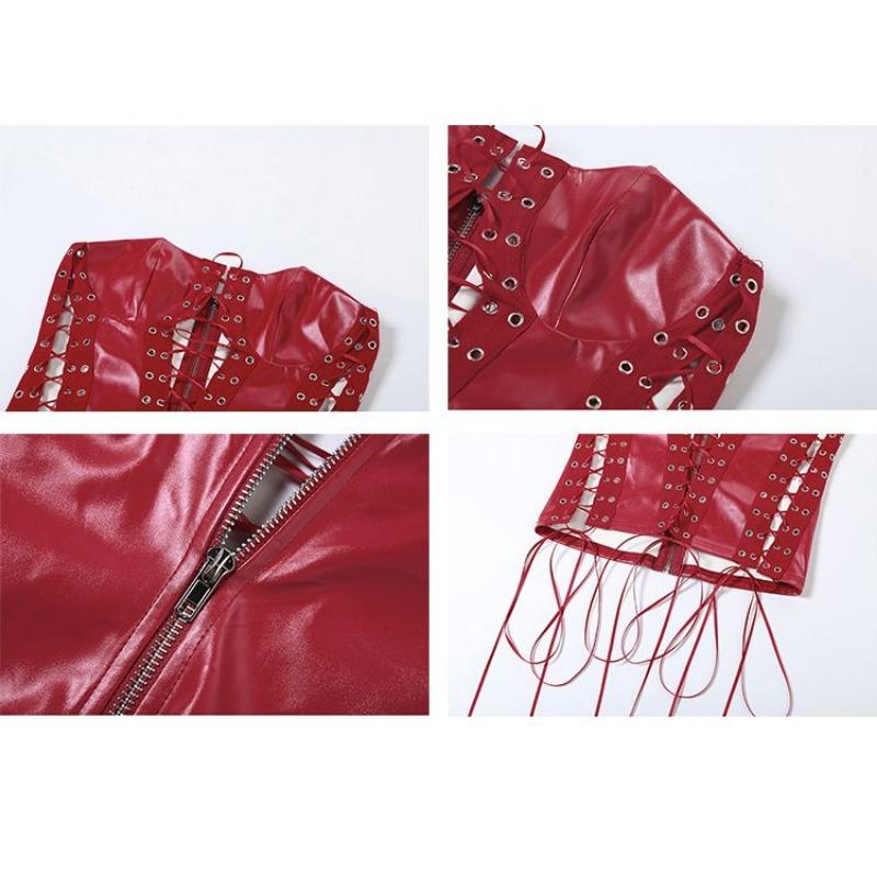 Women's Red Patent Leather Strapless Lace-Up Corset Top Form Fitted Party Crop Top