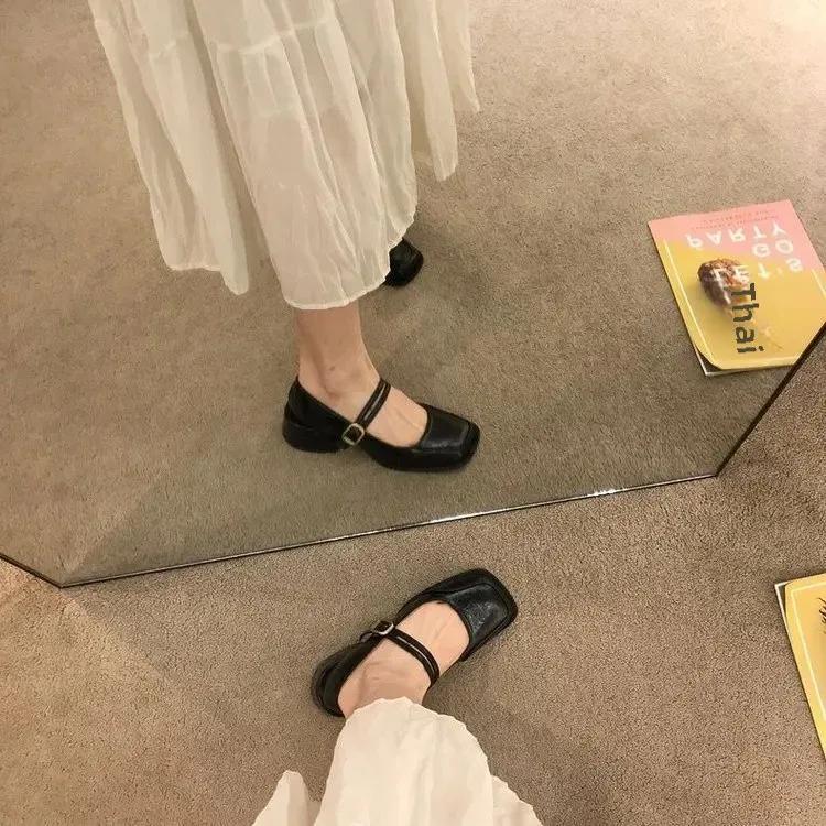 Vintage French Elegant Women's Shoes Shoes Loafers Thick Heels Flat Bottom Casual Shoes Lolita Heeled Sandals