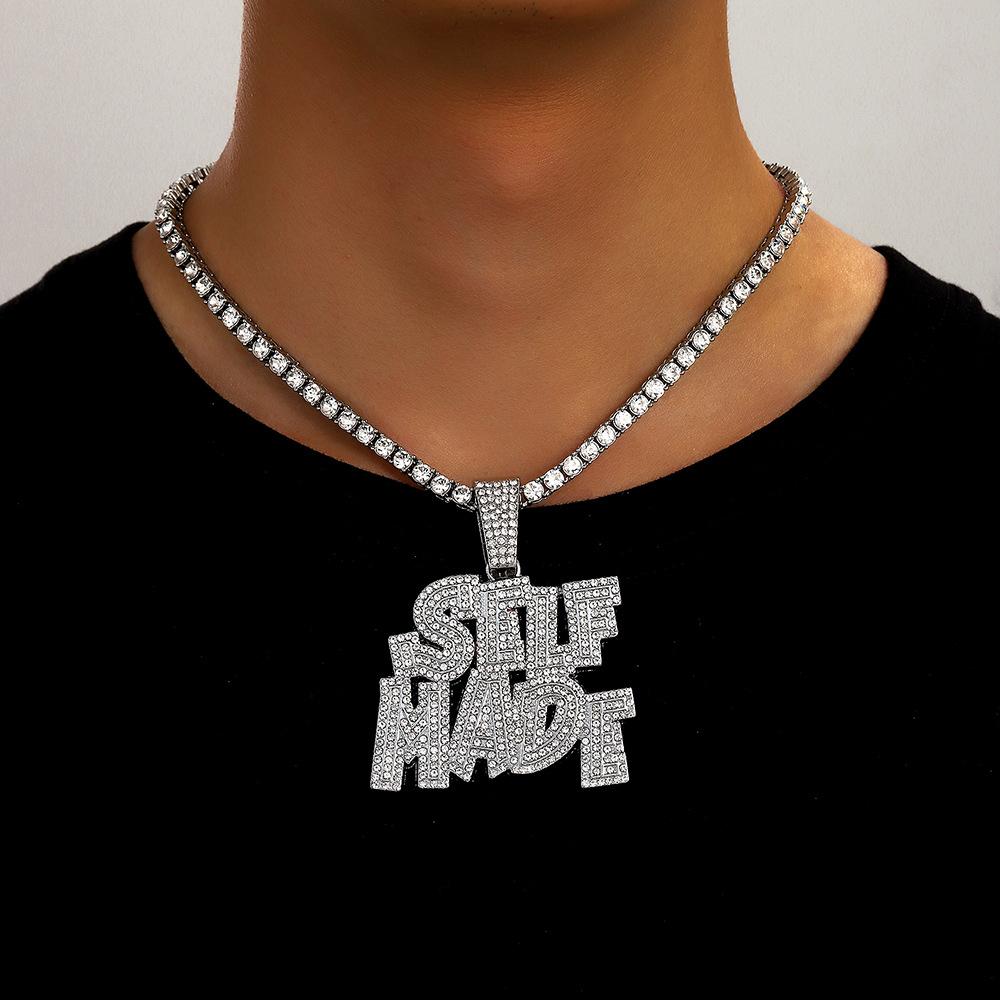Heißer Verkauf Neues Produkt Vollbesetzter Diamantbuchstabe SELFMADE Legierung Anhänger Personalisiertes Logo Hip Hop Halskette Herrenhalskette