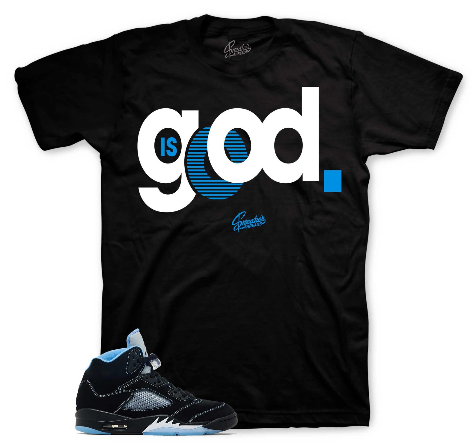 T-Shirt To Match Retro 5 Black Carolina AJ5 University Blue - God is Good Tees 3XL