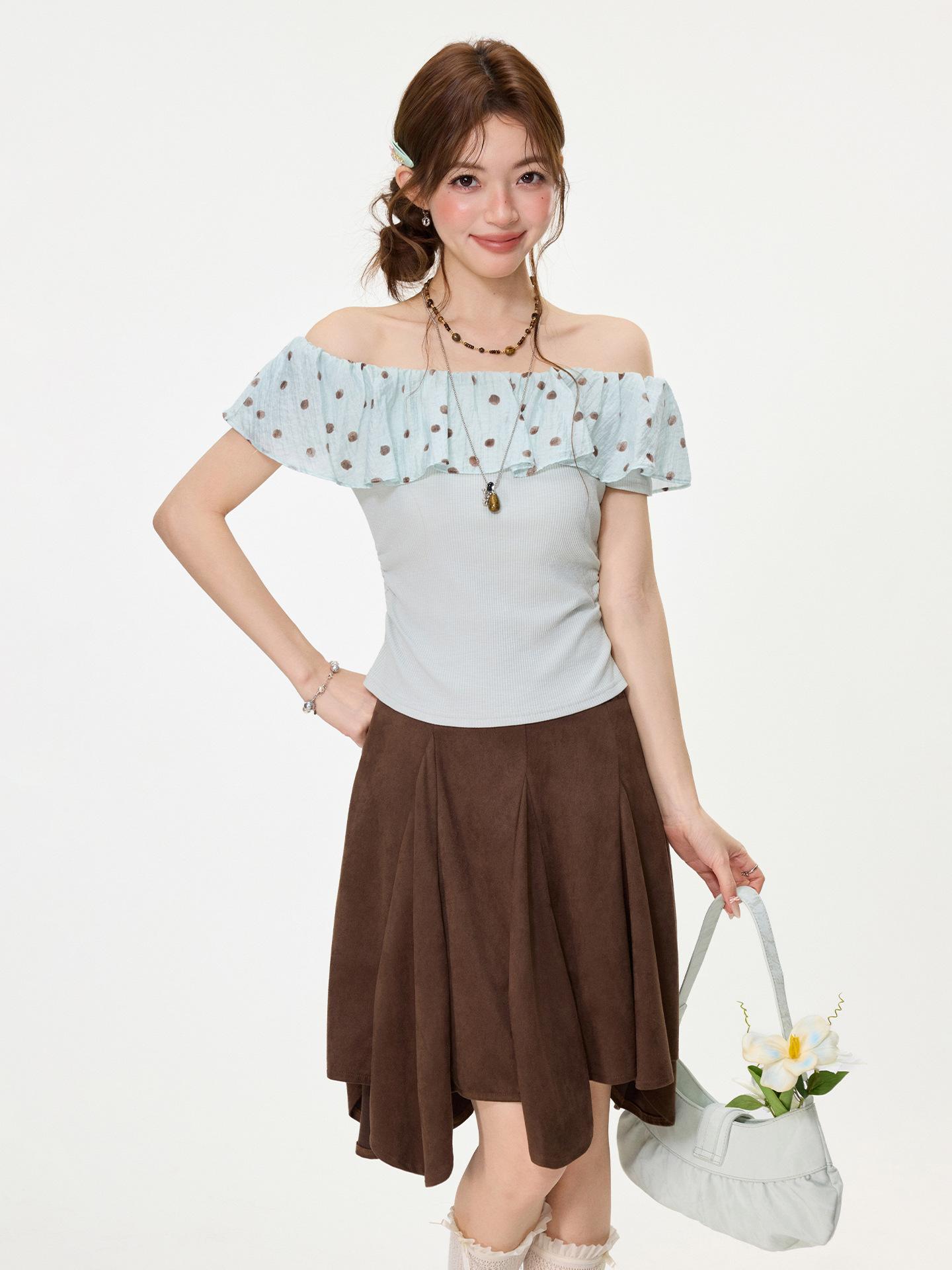 

Design sense light green polka dot lotus leaf one-word shoulder off-the-shoulder short-sleeved T-shirt spring and summer slim-fit short top women XL зелений