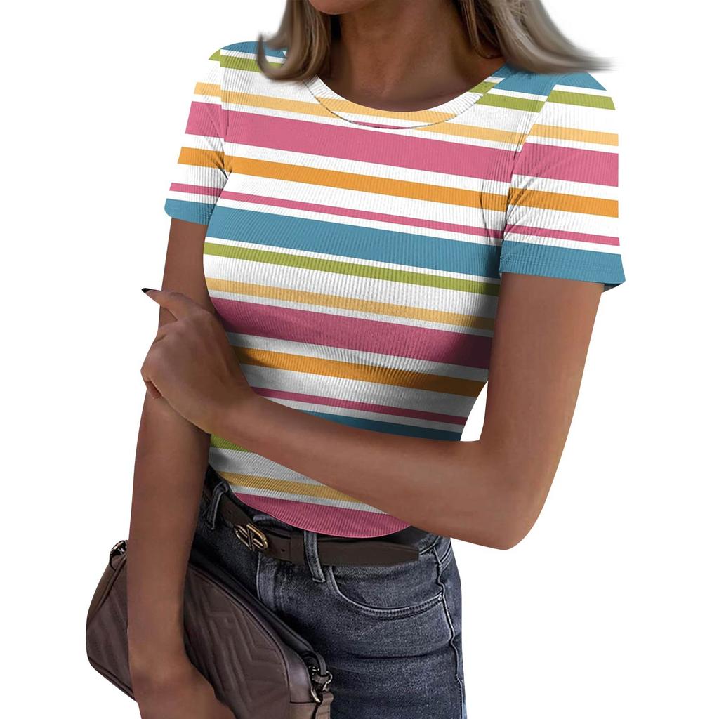 Ladies Slim Bottom T-shirt Fashion Casual   Round Neck Pullover Short Sleeve Top