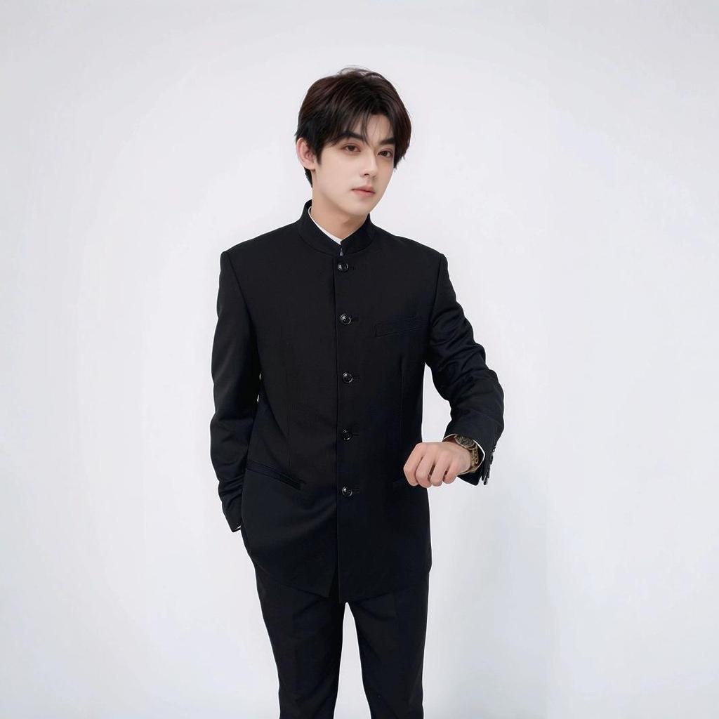 Men's Slim Fit Zhongshan Suit Set - Chinese Style Tuxedo with Stand-Up Collar, Four Seasons Wear