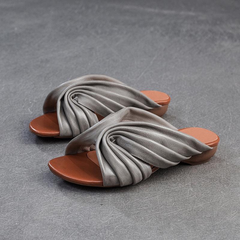 Johnature Peep Toe Bohemian Style Slippers Retro Lazy Style Genuine Leather Low Heel Women's Shoes