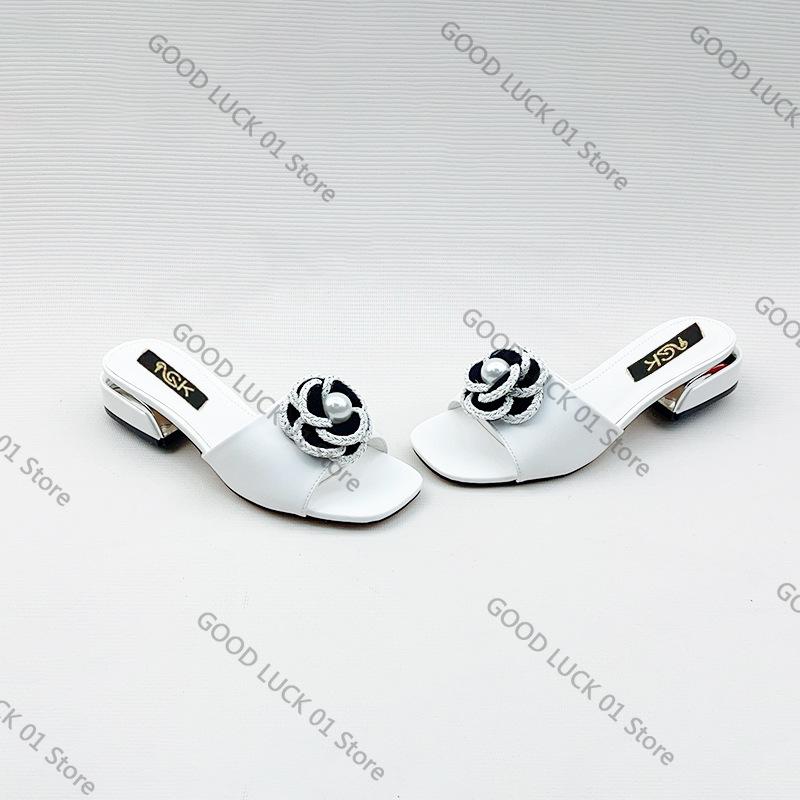 Fashion 2025 European and American New Thick Heel Round Head Flower Cool Slippers Single Shoes Women's