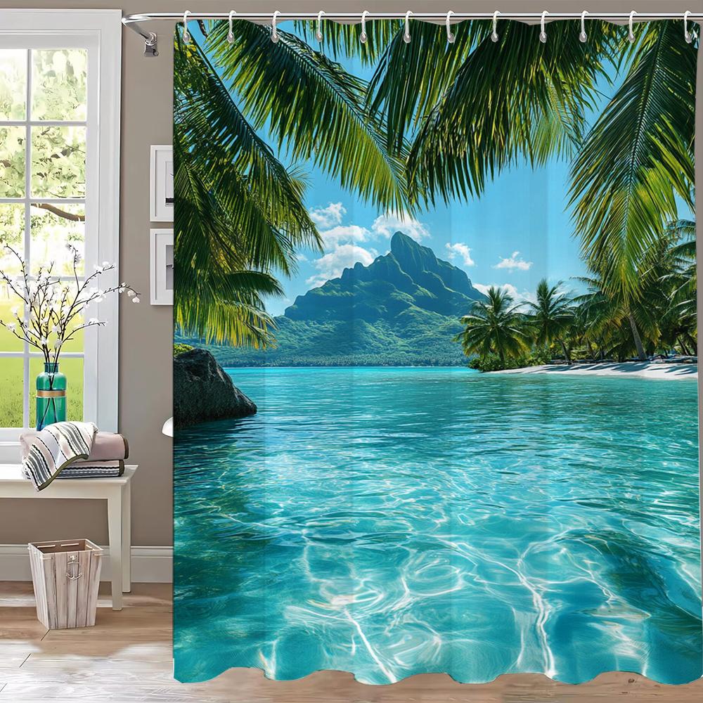 

Seaside Beach Flower Scenery Print Waterproof Shower Curtain Partition Privacy Hanging Curtain With 12 Hooks Machine Washable W60H190(CM)-1 Pcs
