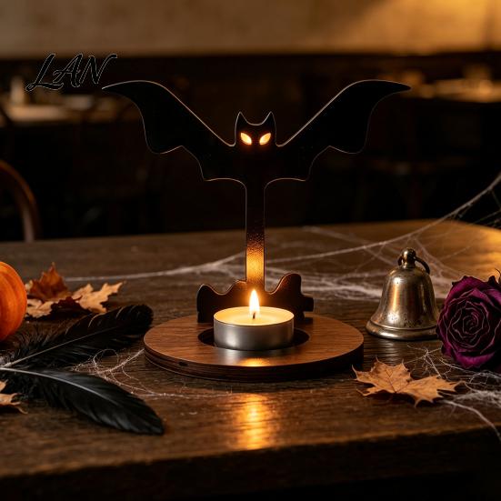 Spooky Pumpkin Tea Light Decor Halloween Wooden Candle Holder, Black Hollow Crow Spider Tealight Display Party Atmosphere Stand, Gothic Silhouette
