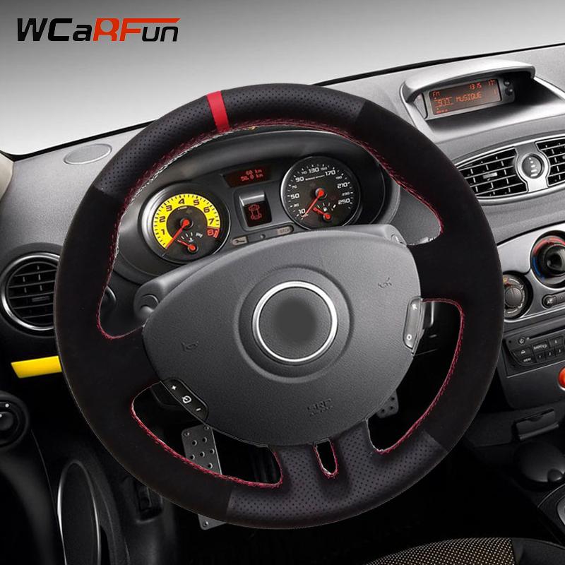 WCaRFun Black Leather Suede Red Marker Car Steering Wheel Cover for Renault Clio 3 2005-2013 Clio Dynamics 2008 Clio Mk 3