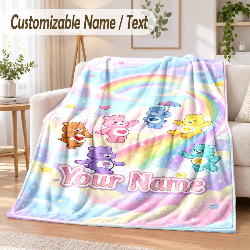 Care Bears Custom Name Flannel Throw Blanket Soft Warm for Sofa Bed Indoor Home Use