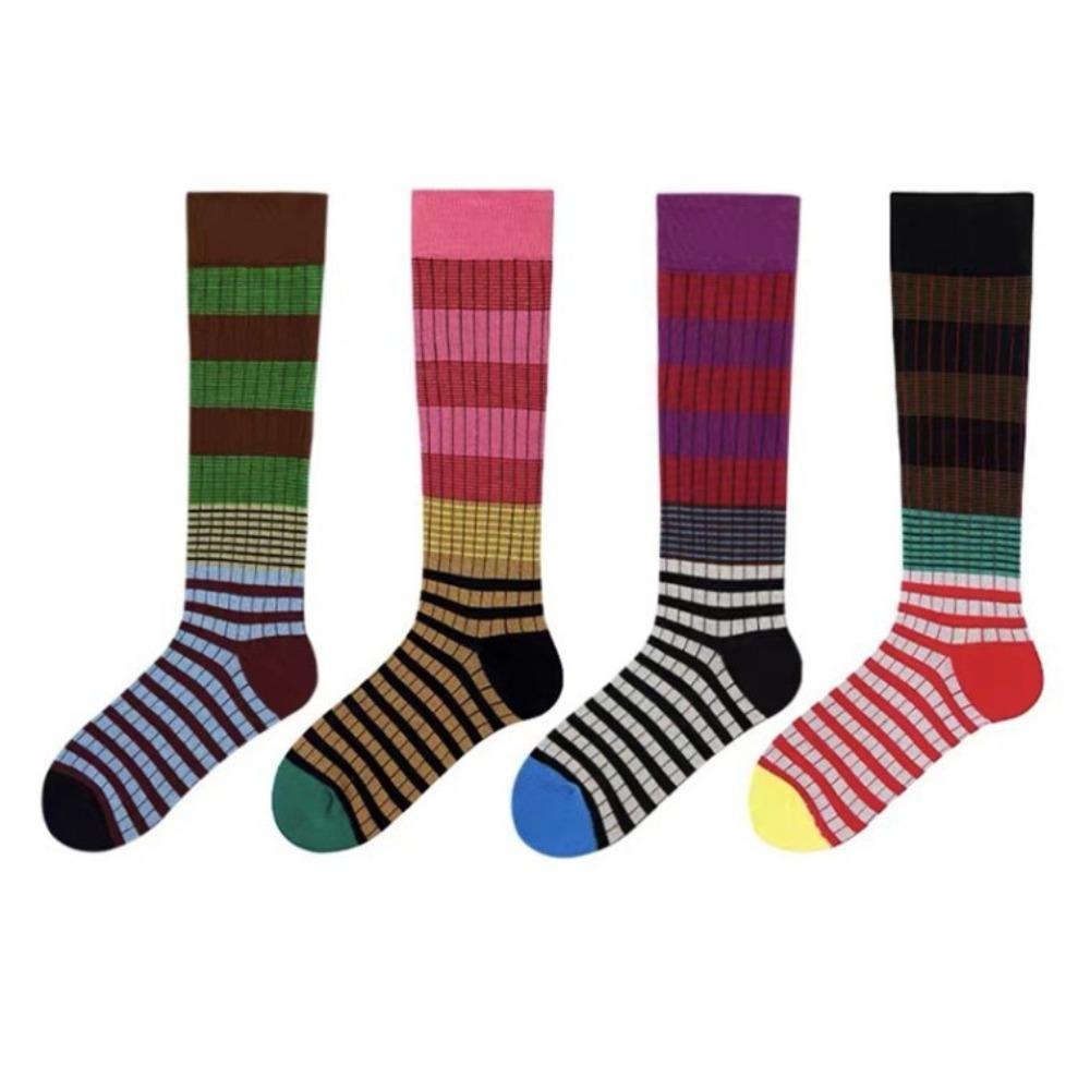 4pairs Japanese Style Striped Long Socks Patchwork Retro Pile Socks Girl 4Pairs