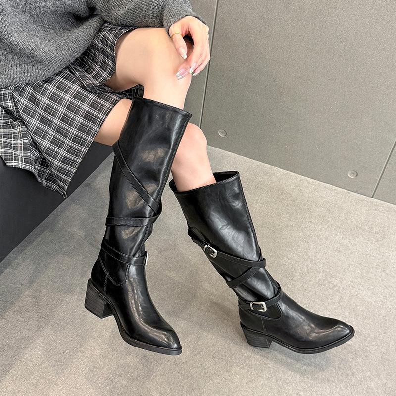 Cowhide Version~ Boots New Women's Leather Boots Tall Maillard Knight Boots Pointed Chelsea Boots Skinny Boots