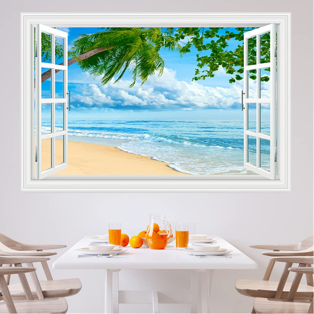 HOTIYOK Fake Window Sticker Wall Sticker Window Ocean Window View Painting Style Wallpaper Poster Blue Sky and Sea Sea of Clouds Mirror Lake Surface
