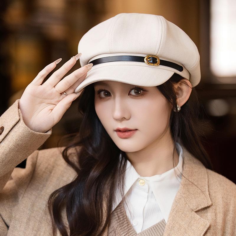 Japanese Versatile Belt Buckle Beret Lady FallSeason and ColdSeason DailyWear British Style Octagonal Hat Big Head Circumference BrandNews Baby Hat