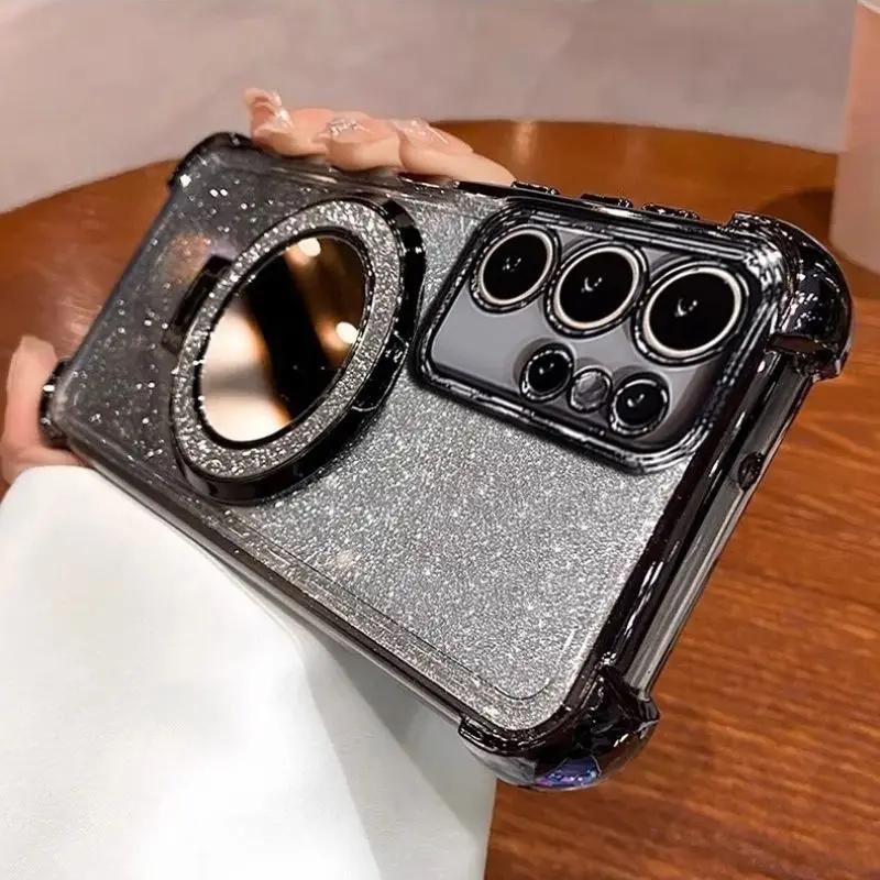 Glitter Shockproof Silicone Case For Samsung S25 S24 FE S23 A06 A16 A55 A56 Mirror Holder Stand Soft Case For Galaxy A36 Cover