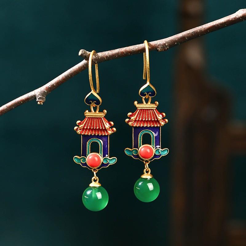 Gold Plated Imitation Jade Earrings For Women, Exquisite Long Style, Niche Design, Antique Style Jewelry Gift