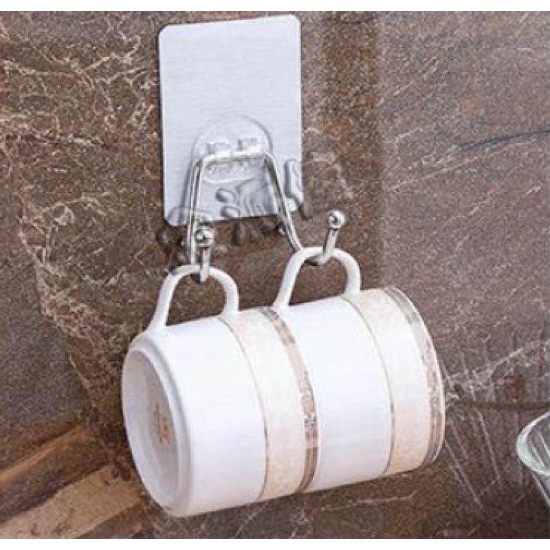 Stainless Steel No-Drill Double Hook for Kitchen & Bathroom Storage
