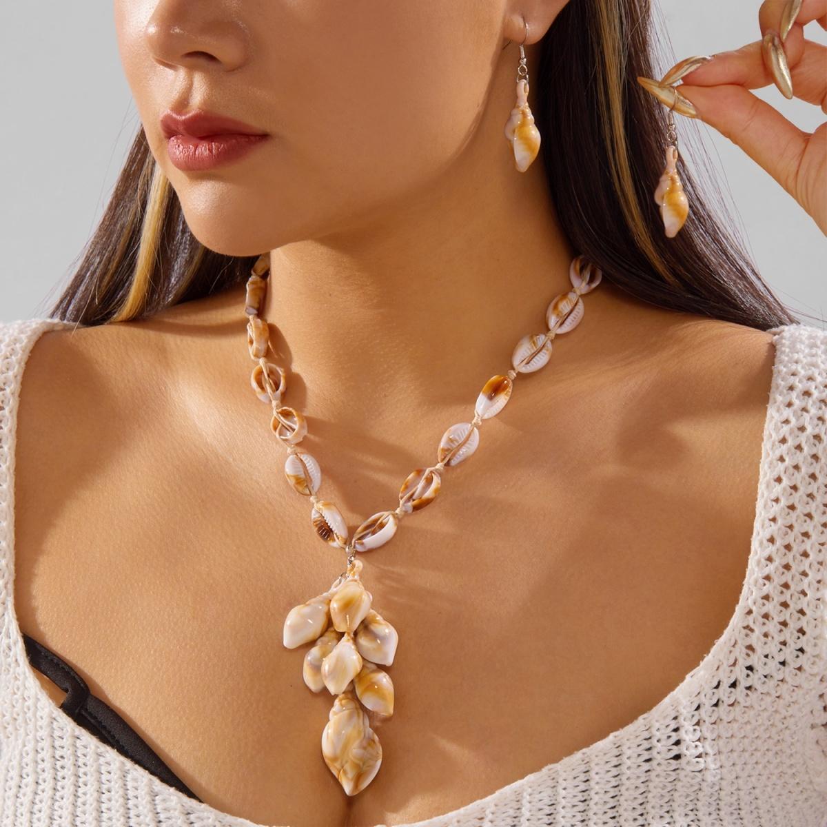 Acrylic Shell Conch Tassel Necklace Drop Earrings Set For Women Men Bohemian Handmade Hollow Shell Summer Vacation Zircon Set