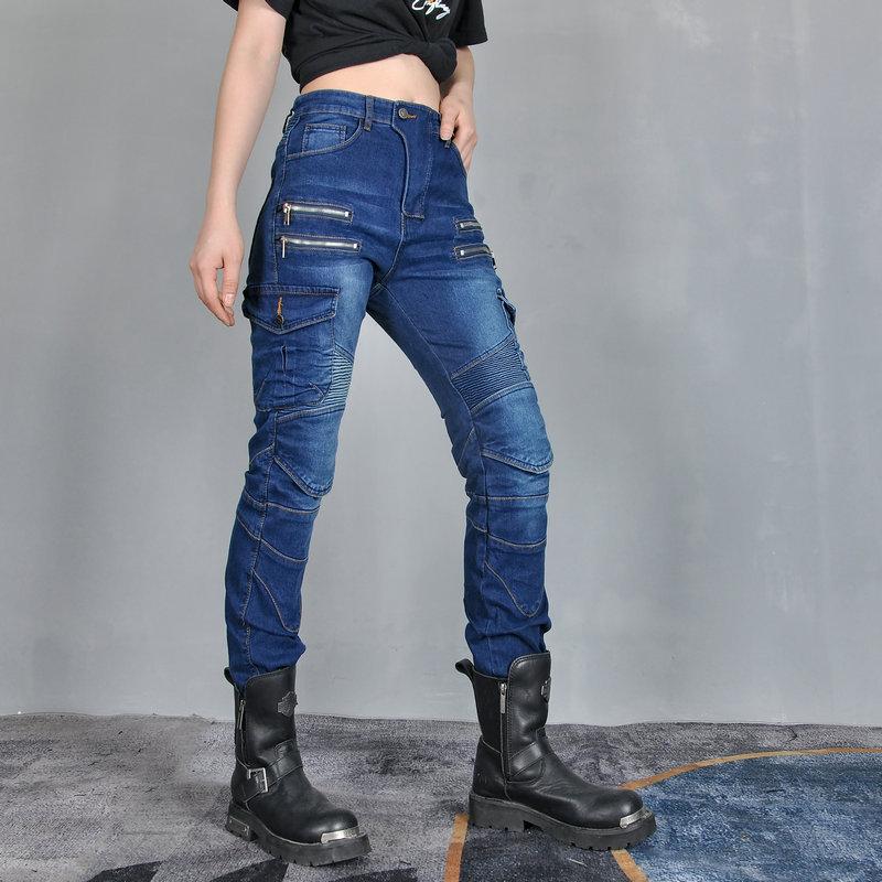 Motorcycle jeans, female rider elastic motorcycle riding pants, retro personalized casual anti-drop pants