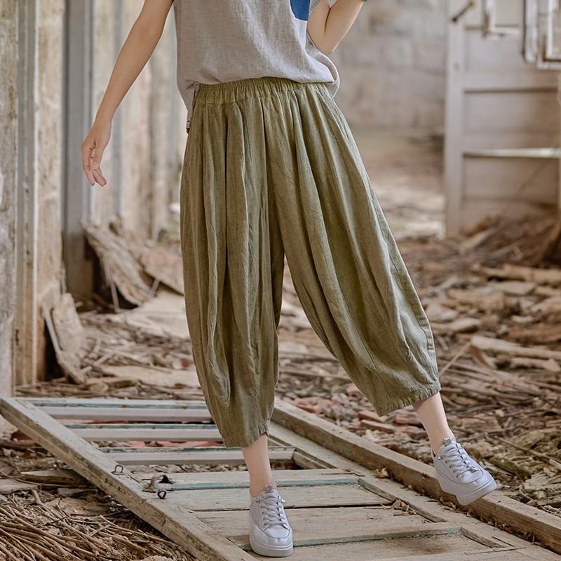 Johnature Women Vintage Wide Leg Pants Elastic Waist Solid Color Trousers Summer Loose Casual Female Pants