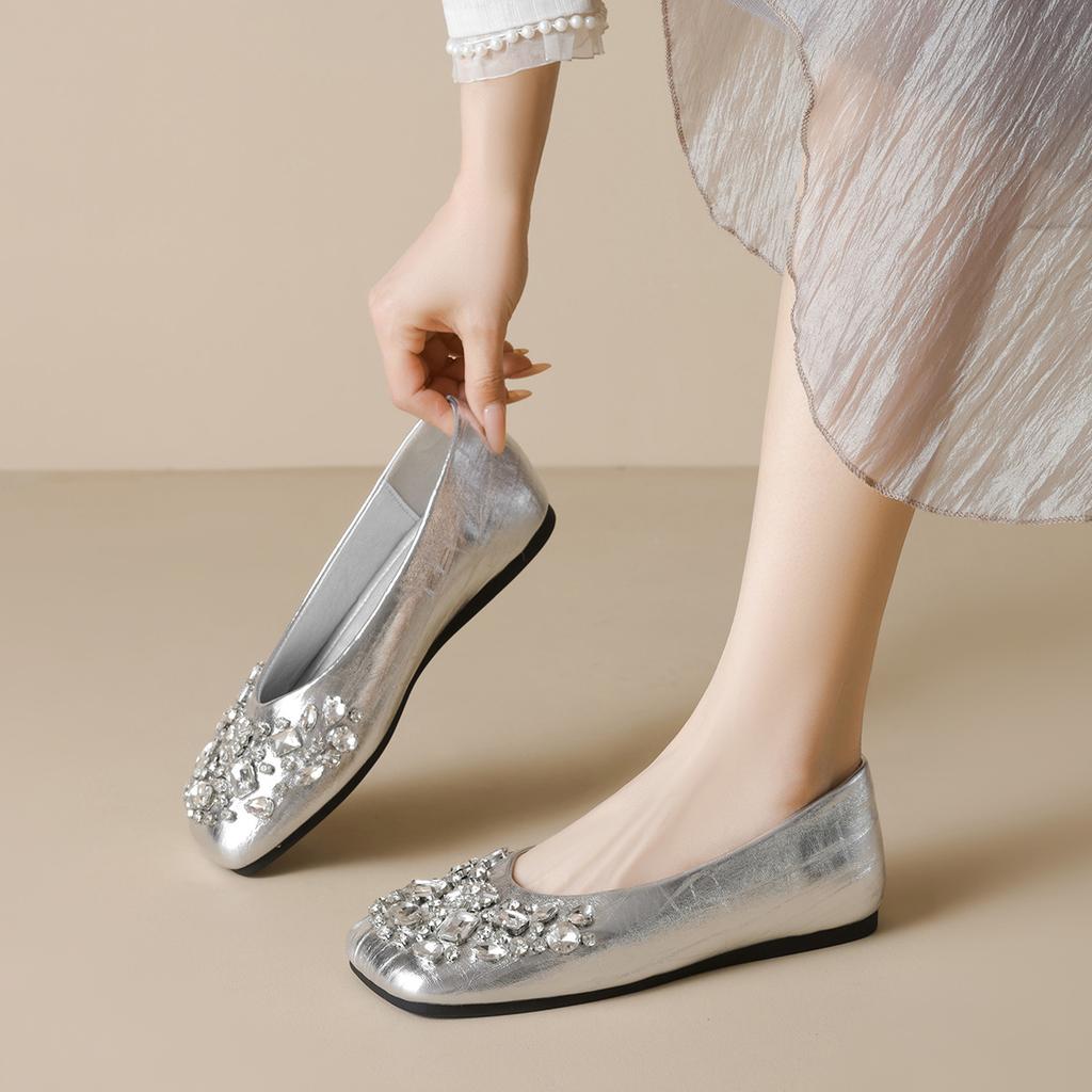 Square head single shoes women's flat bottom rhinestone shallow mouth laden shoes gentle with skirt women's shoes