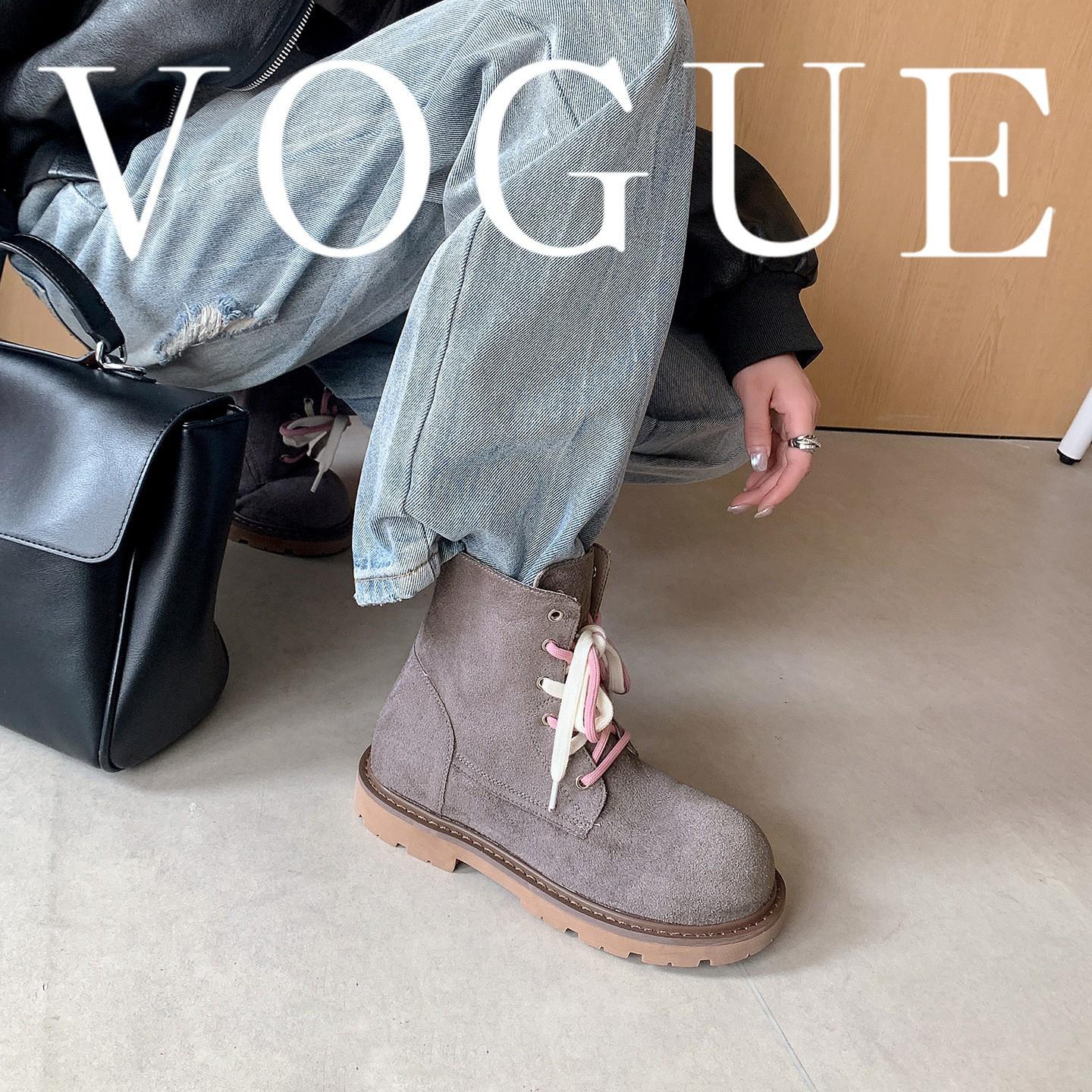 

Cowhide~ Autumn and winter models increase in height by 4cm fashionable large round head contrasting color pair of shoelaces leather versatile short 40 серый