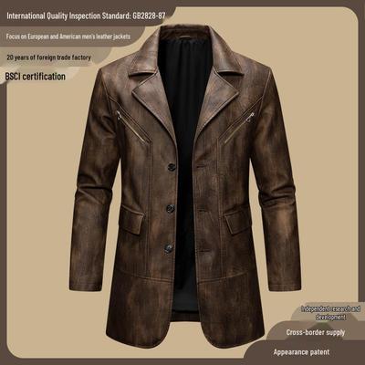 Men's Vintage Long Leather Trench Coat with Lapel, Single-Breasted Design, Distressed Finish, Zipper Pockets - Perfect for Casual or Business Wear.