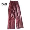 Women Flared Pants Slim High Waist Loose Pockets Faux Leather Elastic Waist Wide Leg Streetwear Solid Color Trousers for Work Leisure Daily Wear