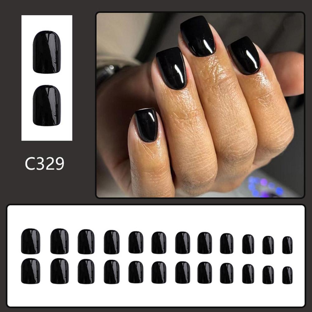 24pcs Black Square Press on Nails Medium Long Fake Nails, 12 Sizes Glossy Acrylic Nails Press on Square Nails Tips Fake Nail Set