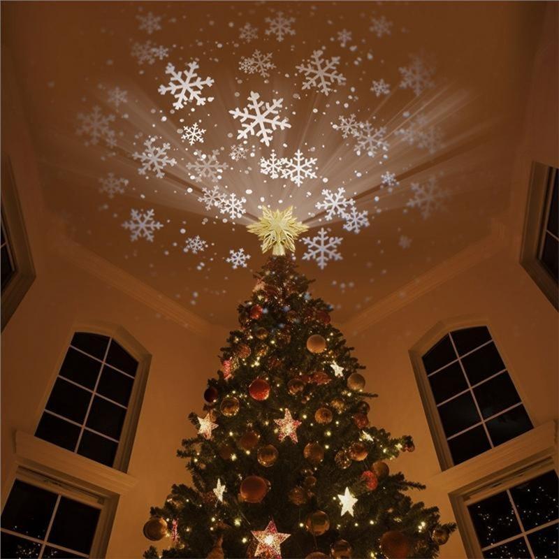 LED Snowflake Light Tree Topper Rotating Christmas Tree Topper Glitter Projector Snowflake Projection US Plug
