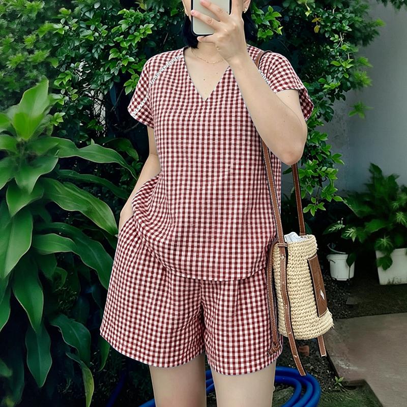 

ZANZEA Women Short Sleeve Blouse and Shorts Grid Print Casual Two Piece Suit Sets 4XL вина червоного кольору