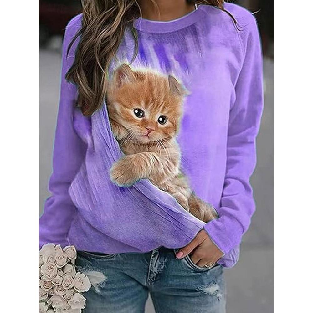 Fashionable Women's Cute Cat Pattern Sports Shirt 3D Printed Round Neck Long Sleeved Top Women's Clothing Street Wear Autumn Pullover