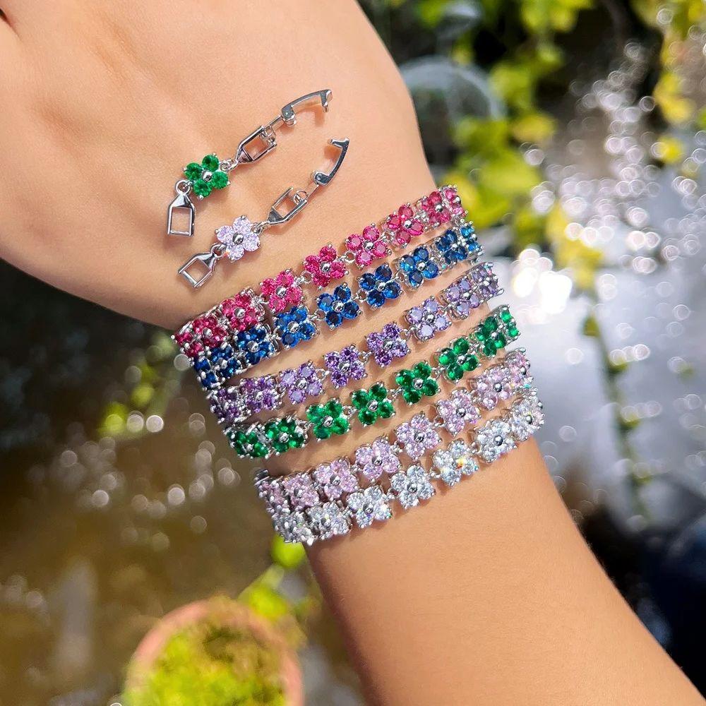 Pera Lovely White Gold Color 4 Leaf Flower Cubic Zirconia Women Fashion Jewelry Tennis Chain Bracelet Bangle with Red Stone B008