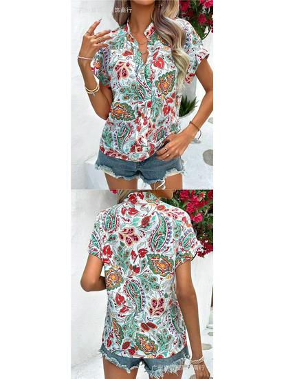 Women's Colorful Floral Print V-Neck Short-Sleeve Top - Summer Fashion