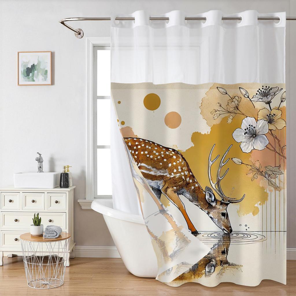 No Hook Sika Deer Pattern Shower Curtain With Snap-in Fabric Liner, Sheer Top Window, Waterproof Double Layer Bathtub Curtain