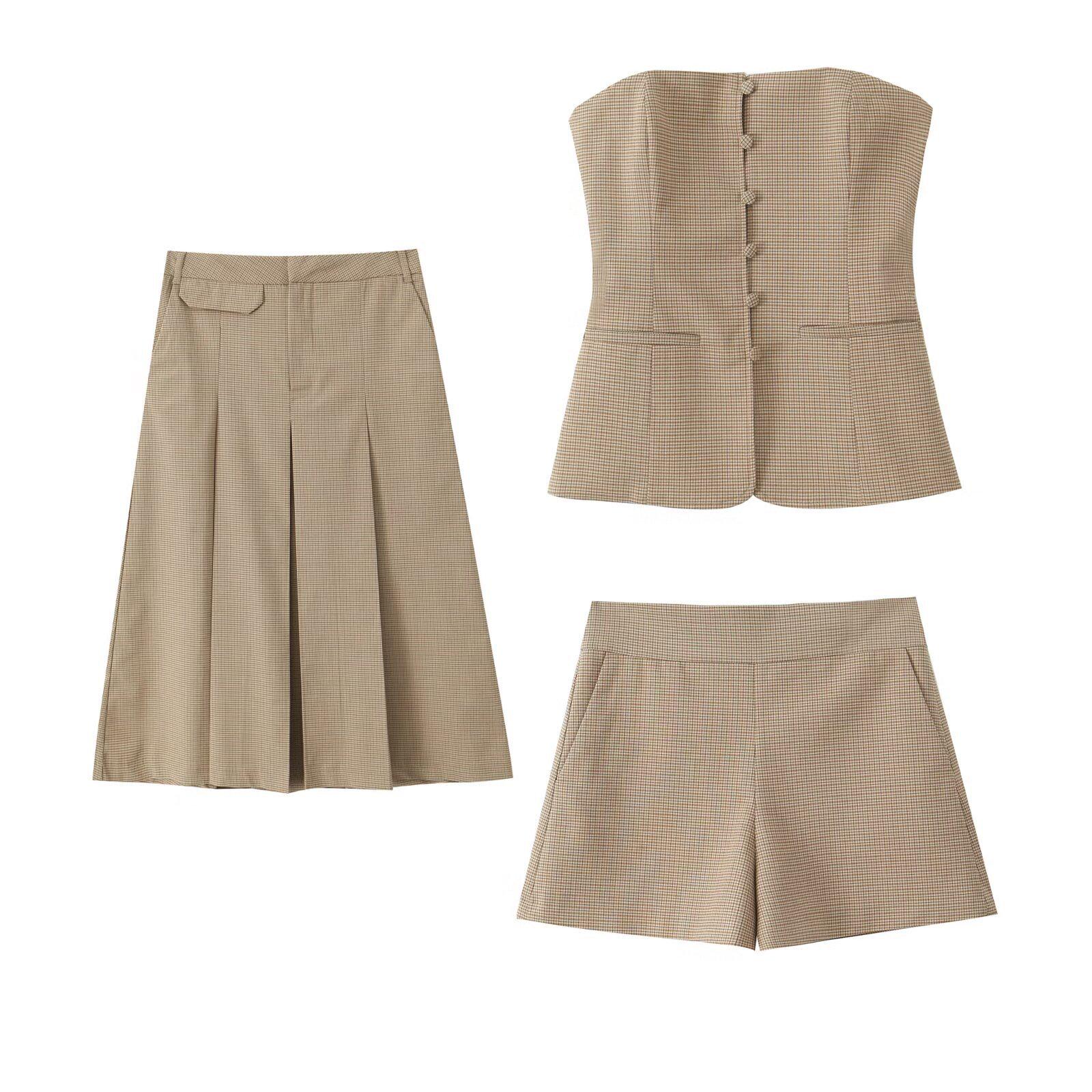 

2025 Spring Women s Strapless Top & Shorts Set with Slim-Fit Vest & Midi Skirt S