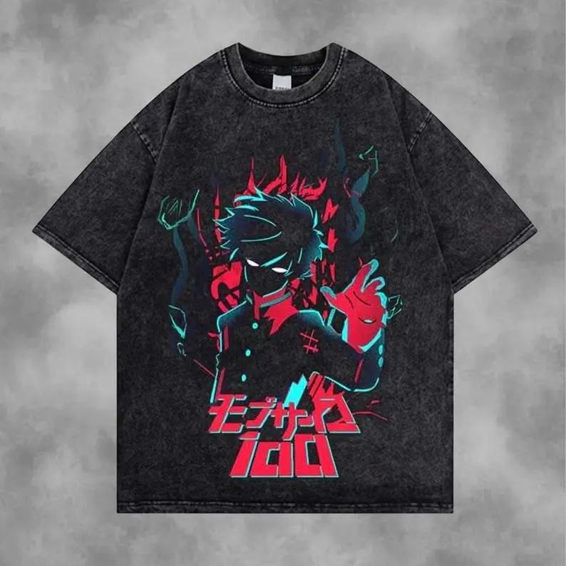 Mob Psycho 100 Anime T-shirt For Men Clothing Summer Short Sleeve Cotton Tee Shirt Harajuku Vintage Washed Oversized Tshirts