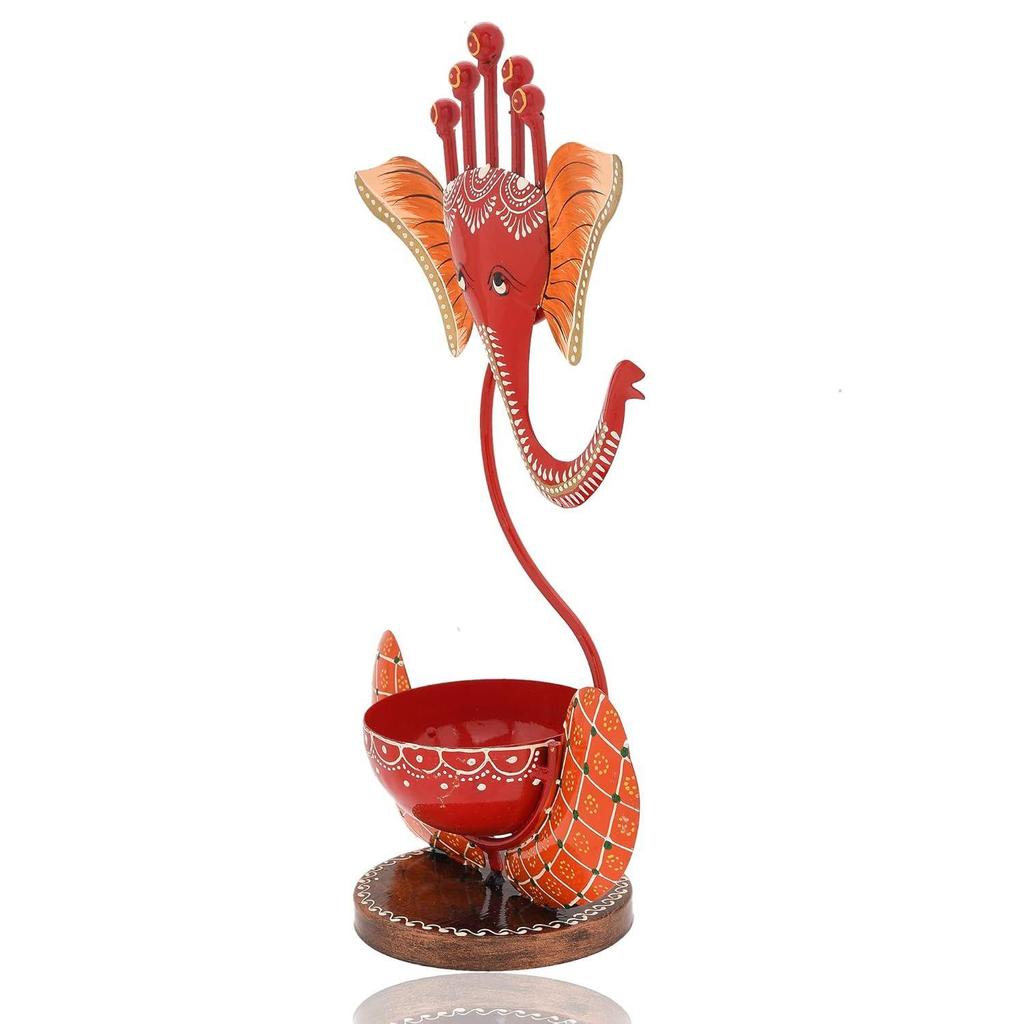 Red Metal Lord Ganesha Idol Showpiece Tea Light Candle Holder| Ganpati Murti Tea Light Holder