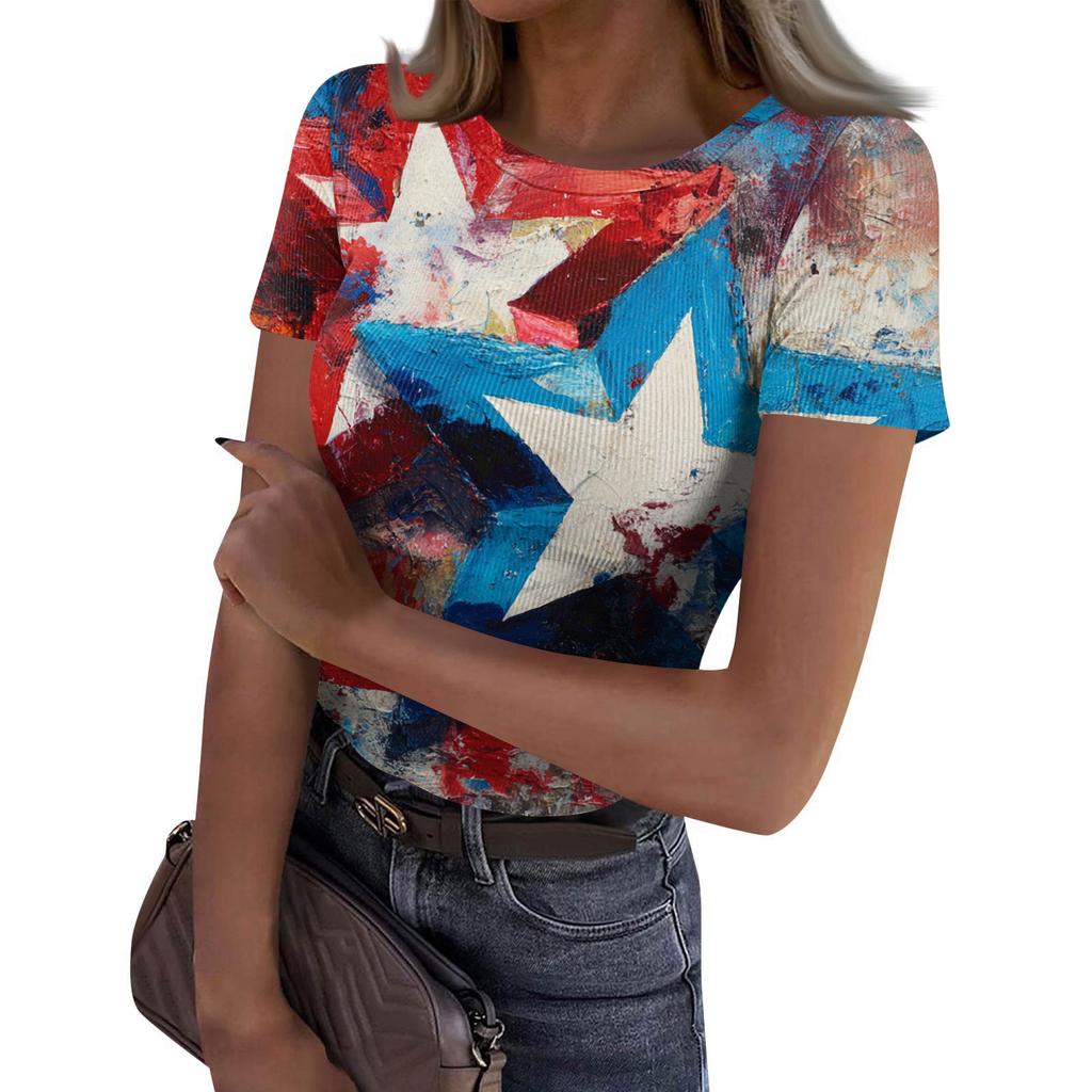 Women's Casual Fashion Round Neck Independence Day Print Short-Sleeve Ribbed Top