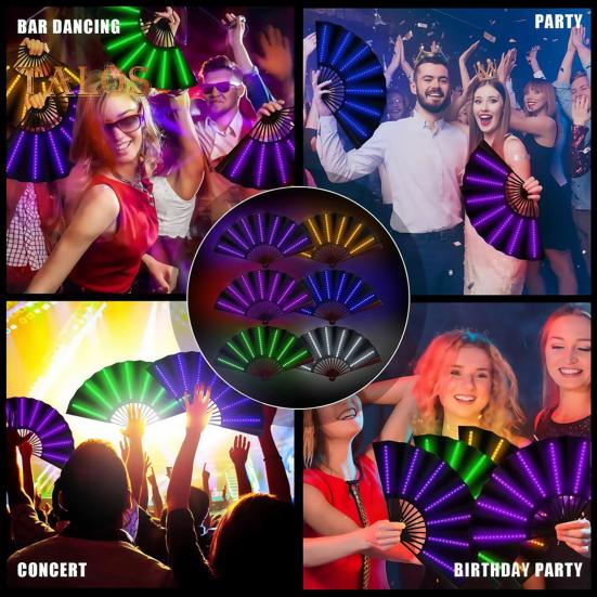 2 Pcs LED Lighted Dance Fans Foldable Handheld Rave Fans Light-up Folding Fans for Stage Performance Birthday Party Wedding