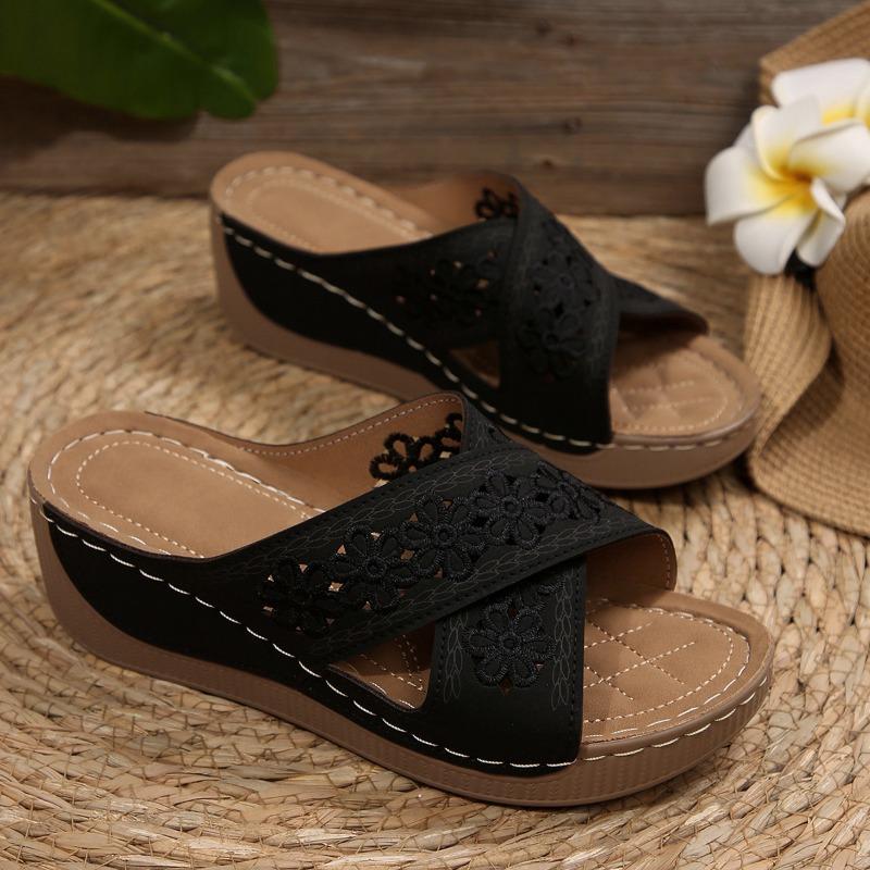 Thick-soled hollowed-out cross slippers women's slope heel embroidered beach fish mouth side empty open-toed cool slippers