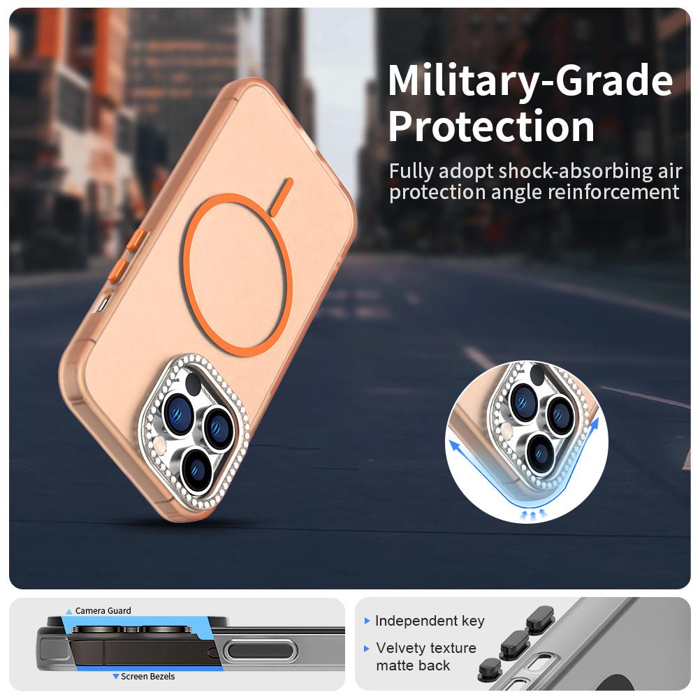 For iPhone 13 Pro Max Case Compatible with MagSafe TPU+PC+PET Phone Cover Rhinestone Decor Lens Frame