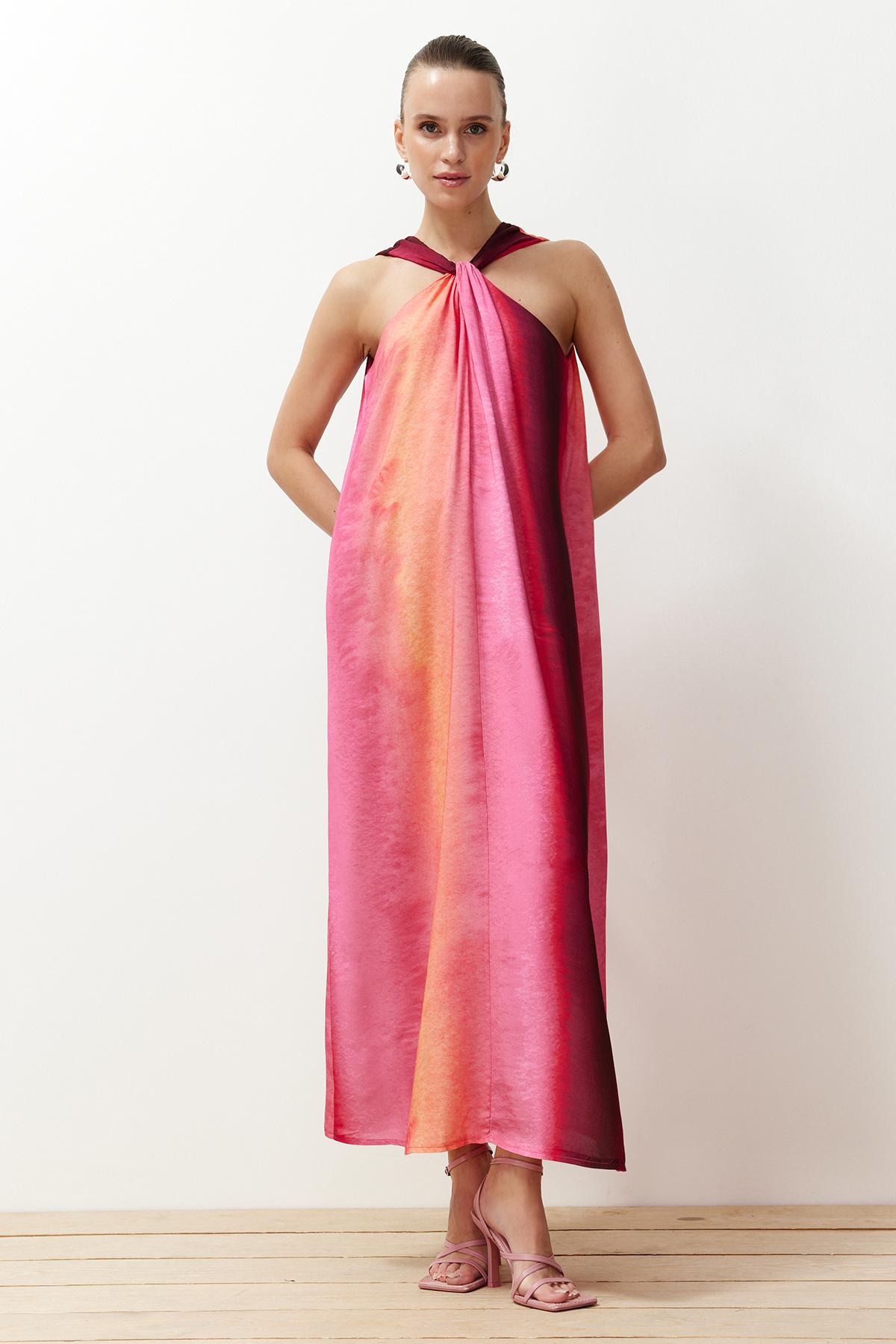 

Женское платье, новое сезонное модное розовое тканое платье с прямым вырезом и воротником макси