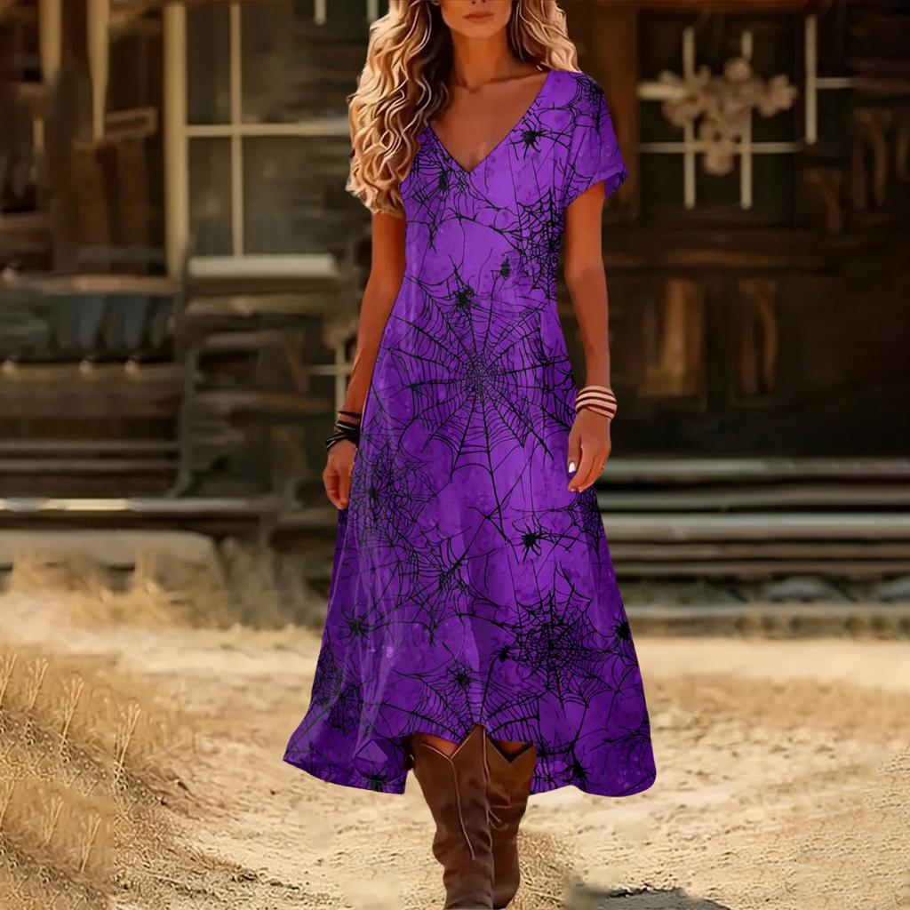 Womens V Neck Short Sleeve Midi Dress Halloween Pumpkin Print Vintage Style Casual Beach Wear Split Hem Summer Dress