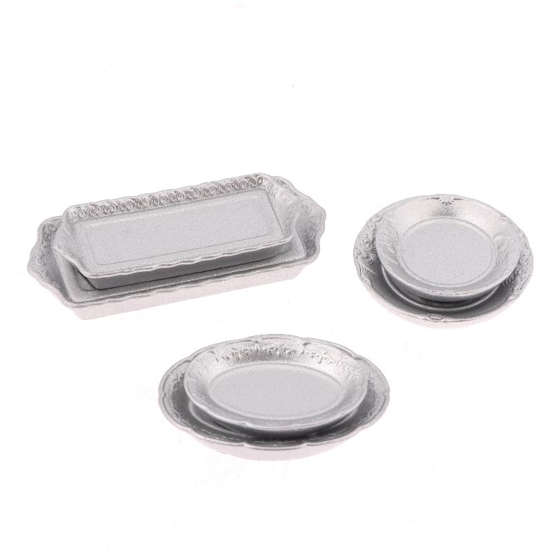 

6 шт. 1/12 Кукольный домик Серебряная обеденная тарелка Поднос для еды Модель Кукольный домик Кухонная посуда Украшение Игрушка Аксессуары для кукольного домика