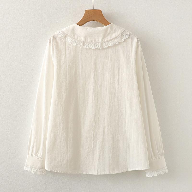 Literární sladký krajkový límec Akademie Styl Dlouhý rukáv Jednobarevná vnitřní bílá košile Dámská