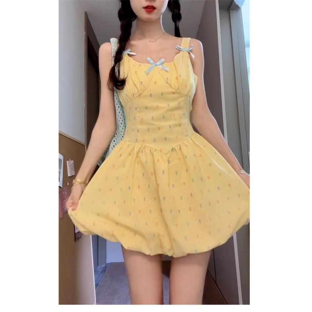 Dopamine Yellow Suspender Sleeveless Dress Women's Summer Sweet Small Waist Tutu Skirt Polka Dot Bud Skirt