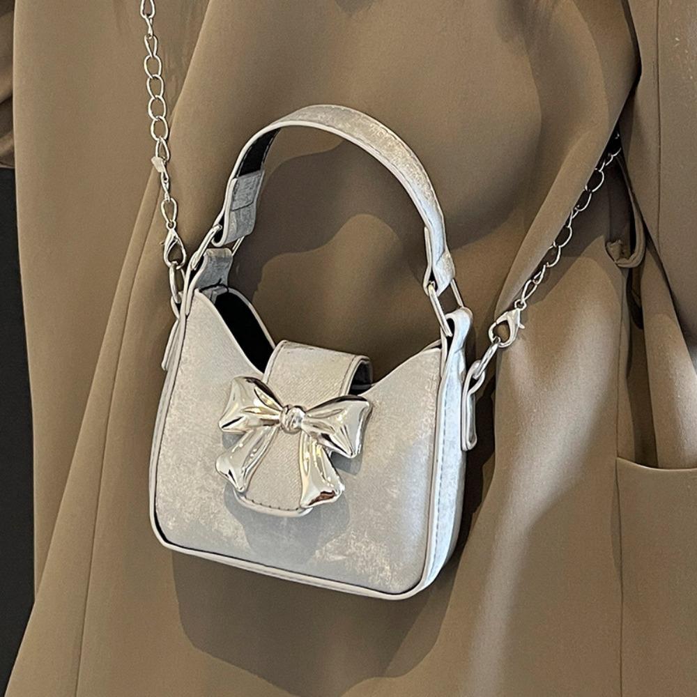 Mini Bow Buckle PU Bag Pu Leather Women's Shoulder Bag Trendy Silver Bucket Bag  Makeup Bag